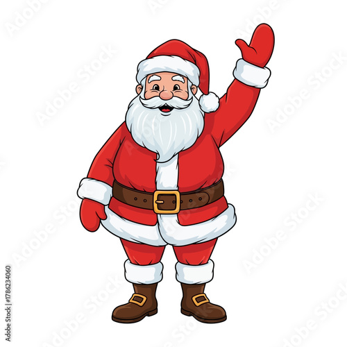 Illustration of Santa Claus waving his hand, a jolly old man dressed in his iconic red suit and hat, ready for Christmas celebrations