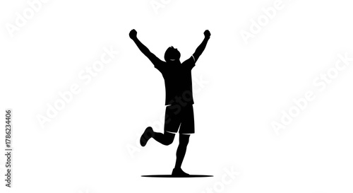 Silhouette of an athlete celebrating victory or achievement with raised arms and one leg lifted
