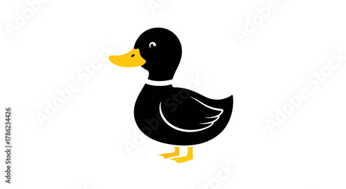 Simple illustration of a stylized black duck with yellow beak and feet isolated