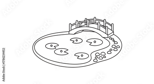 Simple Line Art Illustration of a Garden Pond with a Small Bridge and Lily Pads Tranquil Scenery