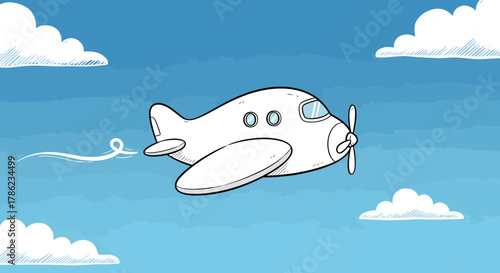 Sketchy airplane flies high above fluffy clouds in a clear blue sky cartoon illustration