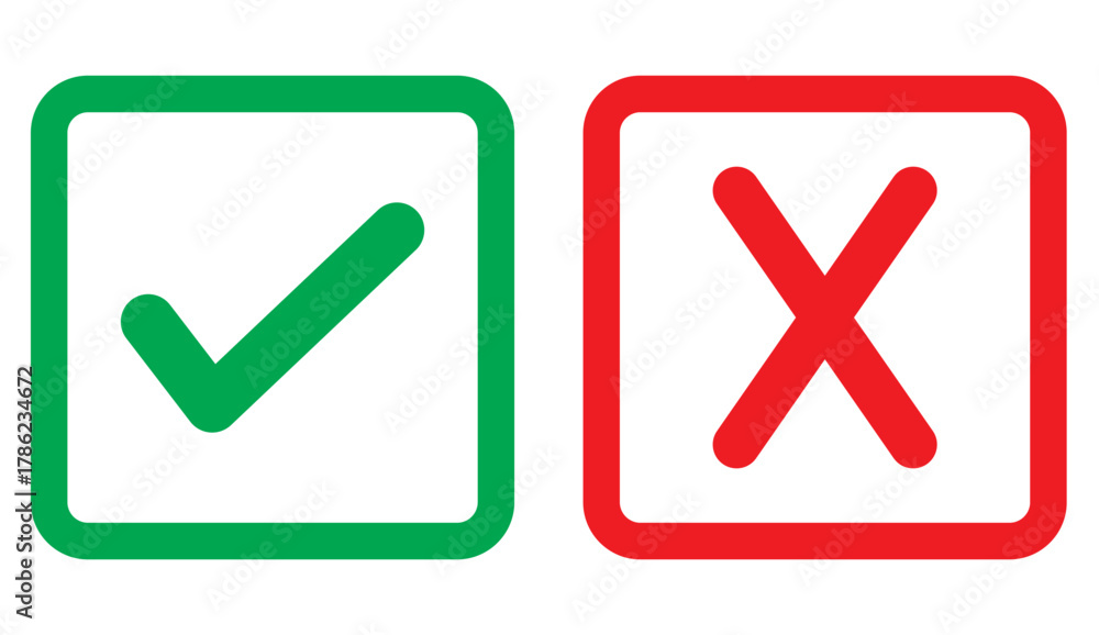 Obraz premium Check mark and X mark icon. Checkmark and x mark icon for apps and websites. Green and red check mark icon on transparent background. Vector illustration 