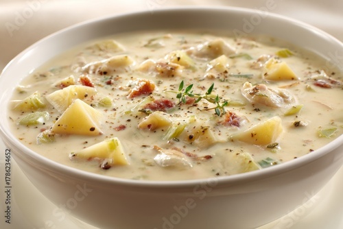 Wallpaper Mural Creamy potato soup served in a white bowl with herbs and diced vegetables showcased during a cozy meal in autumn Torontodigital.ca