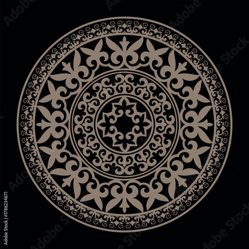 Round gold Kazakh national ornament, Persian motif. Kazakh national ornament. Abstract pattern of the Turkic peoples, Kazakhs, Kyrgyz, and Mongols. Medallion, embroidery, ceramics, yurt, shawl, pillow