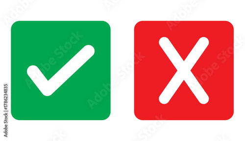 Check mark and X mark icon. Checkmark and x mark icon for apps and websites. Green and red check mark icon on transparent background. Vector illustration
