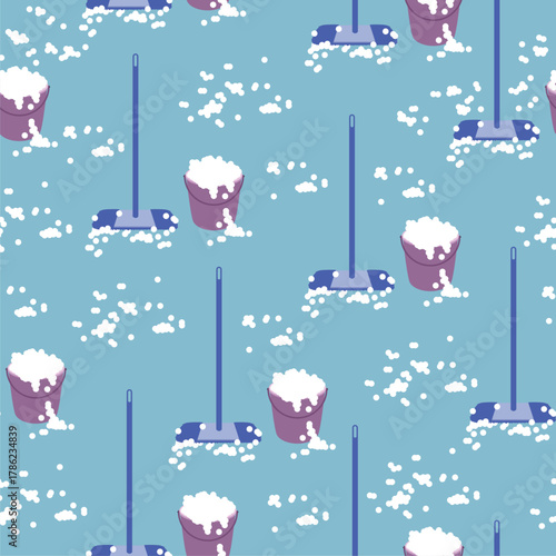 Vector seamless pattern with cleaning items on a blue background. Drawing for packaging, business cards and wallpapers with bright objects. Image of a bucket and brushes