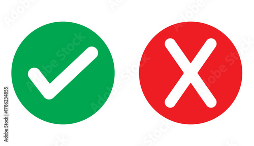 Check mark and X mark icon. Checkmark and x mark icon for apps and websites. Green and red check mark icon on transparent background. Vector illustration
