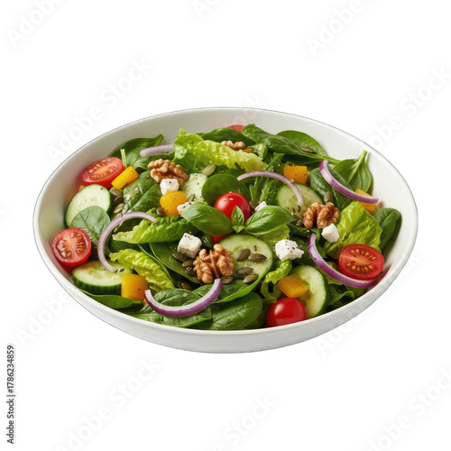 Fresh Garden Salad In A White Bowl With Mixed Greens Cherry Tomatoes Cucumber Red Onion Bell Peppers Feta Cheese Walnuts And Seeds Against A Transparent Background