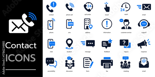 Contact icon set. Containing call, email, address, phone, customer service, location. Solid vector icons collection 