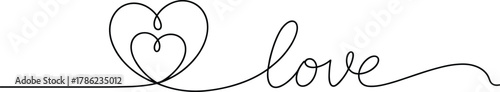 Single line drawing heart and love text lettering calligraphy