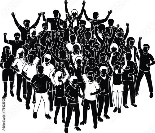 Crowd silhouette illustration, people raising hands vector, black unity design, protest demonstration scene, social movement art, group celebration concept