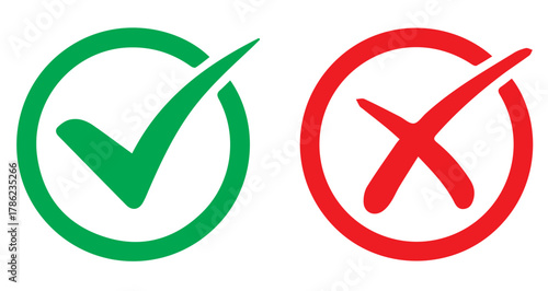 Right and wrong vector icon set rounded color black outline, flat rounded check mark, cross, x mark, circle shape thin line tick mark symbol. Approval and rejection signs isolated on white background