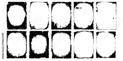 Collection of abstract distressed grunge frames, perfect for borders, overlays, and graphic design elements. Grungy texture and adds vintage, worn effect