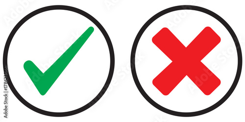 Set of tick mark in green and cross mark in red colour and stroke with white background, check and cross mark icon set. checkmark and x mark icon use for apps and website. checkmark, icon, vector