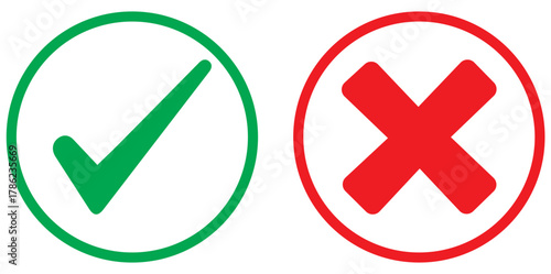Set of tick mark in green and cross mark in red colour and stroke with white background, check and cross mark icon set. checkmark and x mark icon use for apps and website. checkmark, icon, vector
