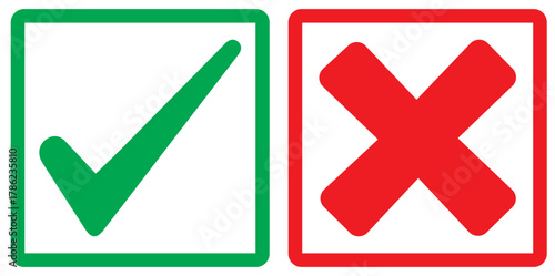 Set of tick mark in green and cross mark in red colour and stroke with white background, check and cross mark icon set. checkmark and x mark icon use for apps and website. checkmark, icon, vector