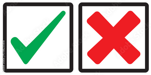 Set of tick mark in green and cross mark in red colour and stroke with white background, check and cross mark icon set. checkmark and x mark icon use for apps and website. checkmark, icon, vector