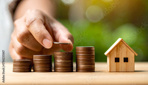 Hand adding a coin to a stack of coins of increasing height, symbolizing saving money for a down payment on a house or paying rent, with a miniature house in the background