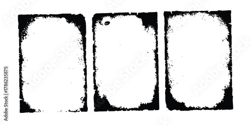 Three textured abstract black and white grunge frames with rough edges isolated on white background 