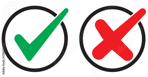 Set of tick mark in green and cross mark in red colour and stroke with white background, check and cross mark icon set. checkmark and x mark icon use for apps and website. checkmark, icon, vector