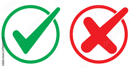 Set of tick mark in green and cross mark in red colour and stroke with white background, check and cross mark icon set. checkmark and x mark icon use for apps and website. checkmark, icon, vector