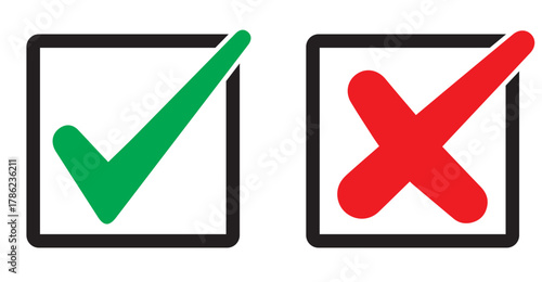 Set of tick mark in green and cross mark in red colour and stroke with white background, check and cross mark icon set. checkmark and x mark icon use for apps and website. checkmark, icon, vector
