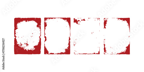Set of four distressed red grunge borders, rustic frame graphics, isolated on white background