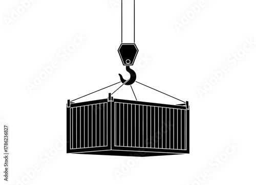 Shipping container suspended by industrial crane hook for transport and logistics