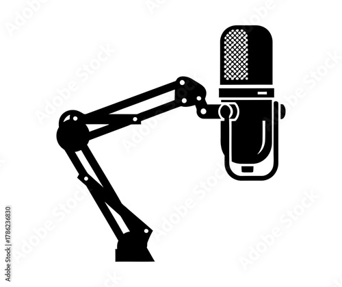 Professional microphone on articulated arm for podcasting and broadcasting