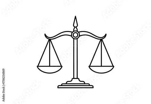 Simple line art illustration of a balanced justice scale, symbolizing fairness and law.