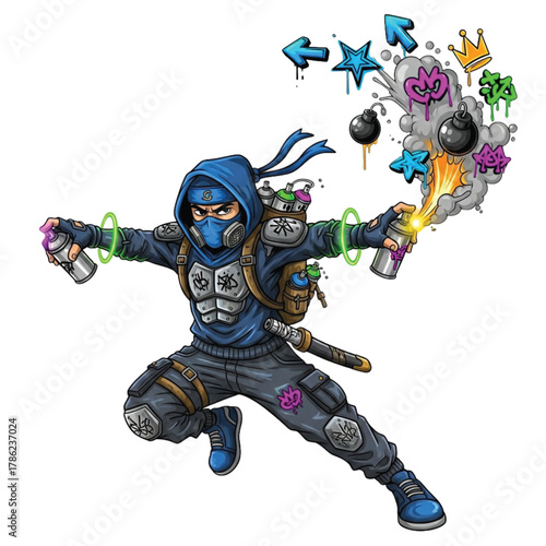 Dynamic graffiti ninja artist unleashes vibrant spray paint art with explosive energy and rebellious street style, creating urban masterpieces