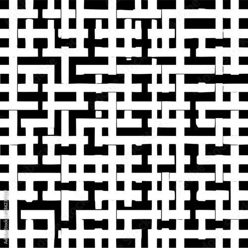 Abstract black and white pattern of intersecting rectangular shapes creating a maze like structure