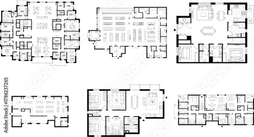 Set of various architectural floor plans, including residential and commercial spaces