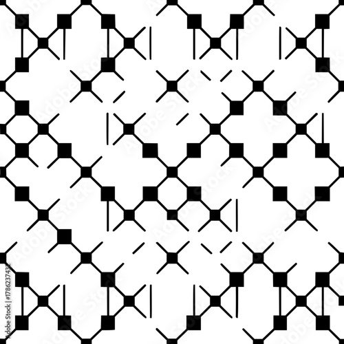 Repeating pattern of squares and crosses connected by lines in a geometric arrangement on white background