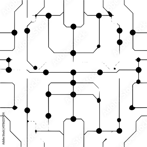 Black circles connected by lines create a circuit like pattern on a white background in an abstract design