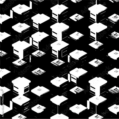 Isometric arrangement of abstract white structures on a black background creating a complex pattern