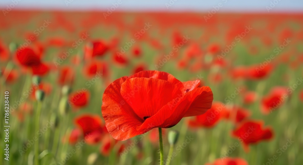 Fototapeta premium Closeup of a vibrant red poppy flower in a vast field of poppies under a clear blue sky