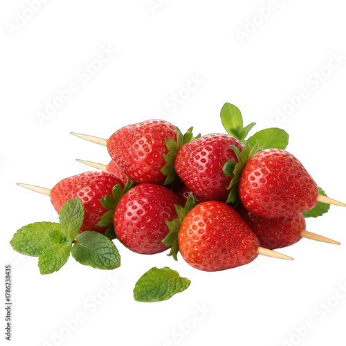 Fresh Ripe Strawberries With Mint Leaves On Toothpicks Isolated On A Transparent Background Studio Shot