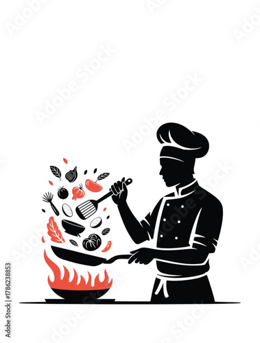 Chef cooking silhouette tossing vegetables