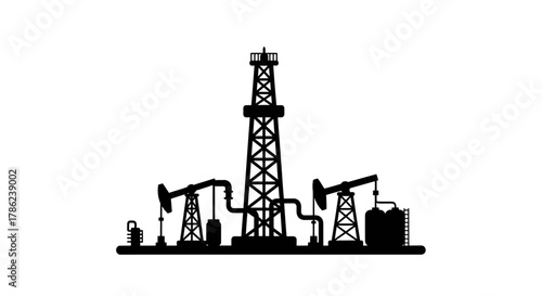 Monochromatic depiction of oil derricks and extraction infrastructure on stark white backdrop