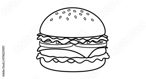 Monochrome burger illustration with sesame seed bun and layered fillings art design