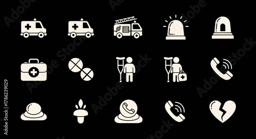 Monochrome health and emergency service icons showcasing medical assistance and communication