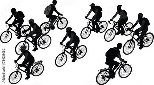Cyclist, bicycle, silhouette, motion, urban, commute, exercise, helmet, backpack, diverse, riding, vector, black, white, side, profile, transportation, active, lifestyle, illustration