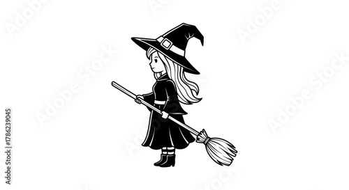 Monochrome illustration featuring a charming witch with a classic hat and broomstick