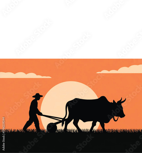 Farmer working with ox silhouette