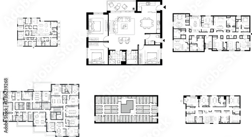 Collection of six different floor plan layouts for residential buildings