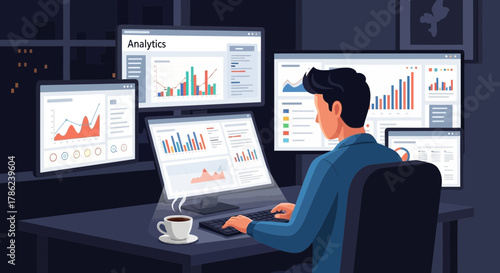 Data Analyst Working at Night Reviewing Business Analytics, Financial Reports, and Performance Charts on Multiple Screens in a Modern Digital Workspace