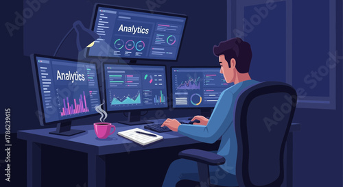 Data Analyst Working at Multi-Monitor Setup Analyzing Charts and Statistics for Business Intelligence and Financial Reporting in a Modern Workspace at Night