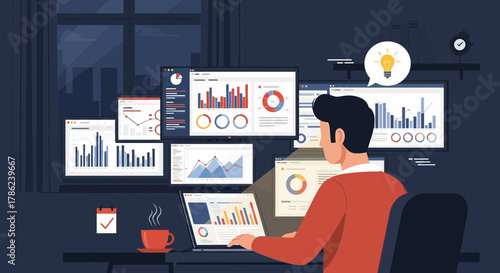 Data Analyst Working at Night Reviewing Business Charts and Financial Reports on Multiple Screens to Generate Insights and Strategic Solutions in Modern Office Workspace