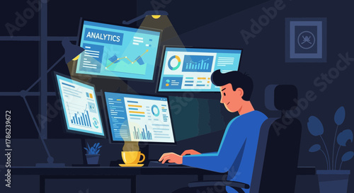 Data Analyst Working Late at Night Reviewing Business Analytics Dashboards and Performance Charts on Multiple Computer Screens in a Modern Digital Workspace